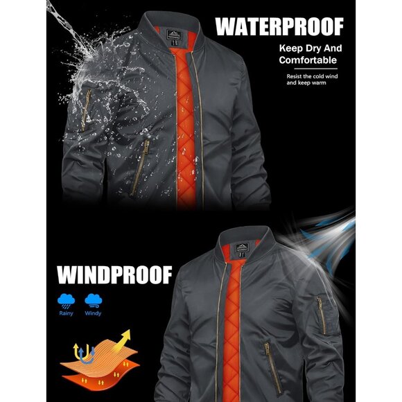 Tacvasen Mens Grey Bomber Winter Warm Padded Work Coat Casual Windproof Jacket - Picture 2 of 6